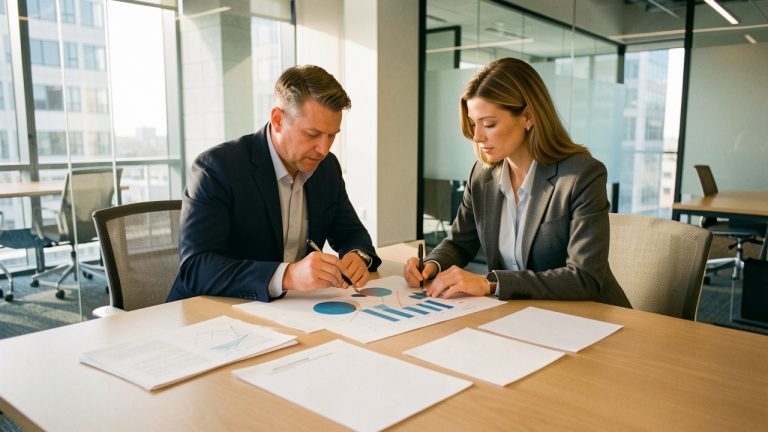 Un homme et une femme dirigeants analysent ensemble une acquisition d’entreprise autour d’une table dans un bureau moderne, avec des graphiques abstraits et des documents vierges.
