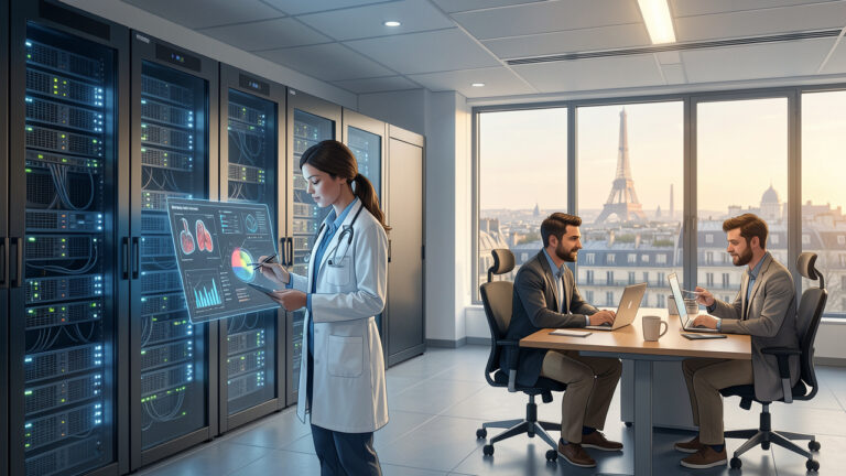 Illustration réaliste d’un écosystème français d’intelligence artificielle réunissant un centre de données, des professionnels de santé et une équipe de start-up dans un bureau parisien sobre.