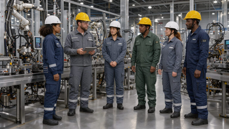 Équipe mixte en tenue de travail réunie devant une ligne de production automatisée dans un site industriel moderne.