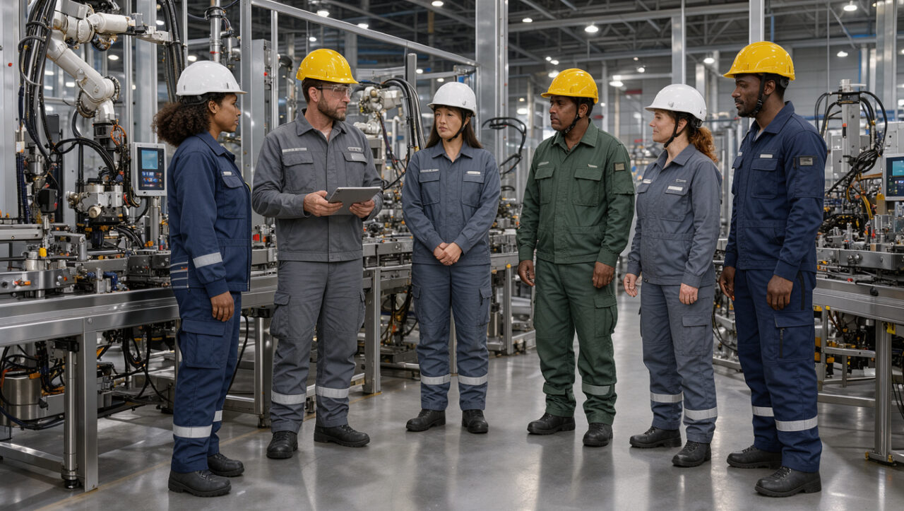 Équipe mixte en tenue de travail réunie devant une ligne de production automatisée dans un site industriel moderne.