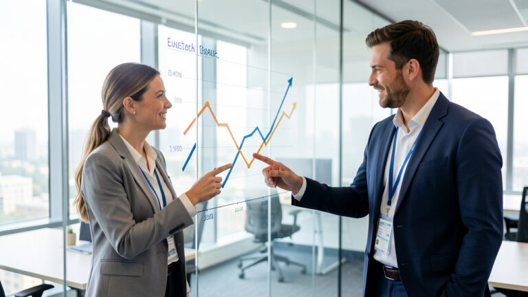 Une analyste et un investisseur examinent ensemble des graphiques abstraits liés au renouvellement des clients dans un bureau moderne.