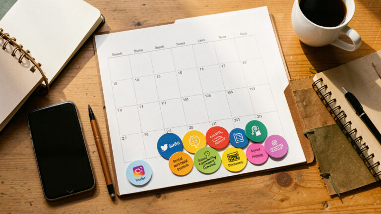 Espace de travail organisé pour planifier un lancement marketing local, avec un calendrier vierge et des jetons colorés répartis entre plusieurs actions promotionnelles.